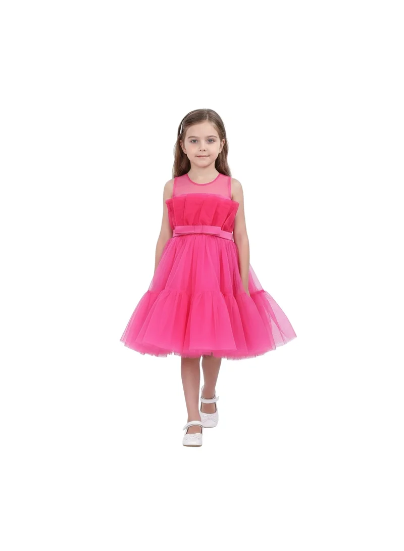 D'Daniela Toddler Girls Bow Front Ruffle Hem Mesh Gown Dress Hot Pink TI